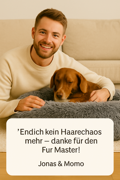 Hund liegt zufrieden im gemütlichen Wolke 7 Haustierbett in modernem Wohnzimmer