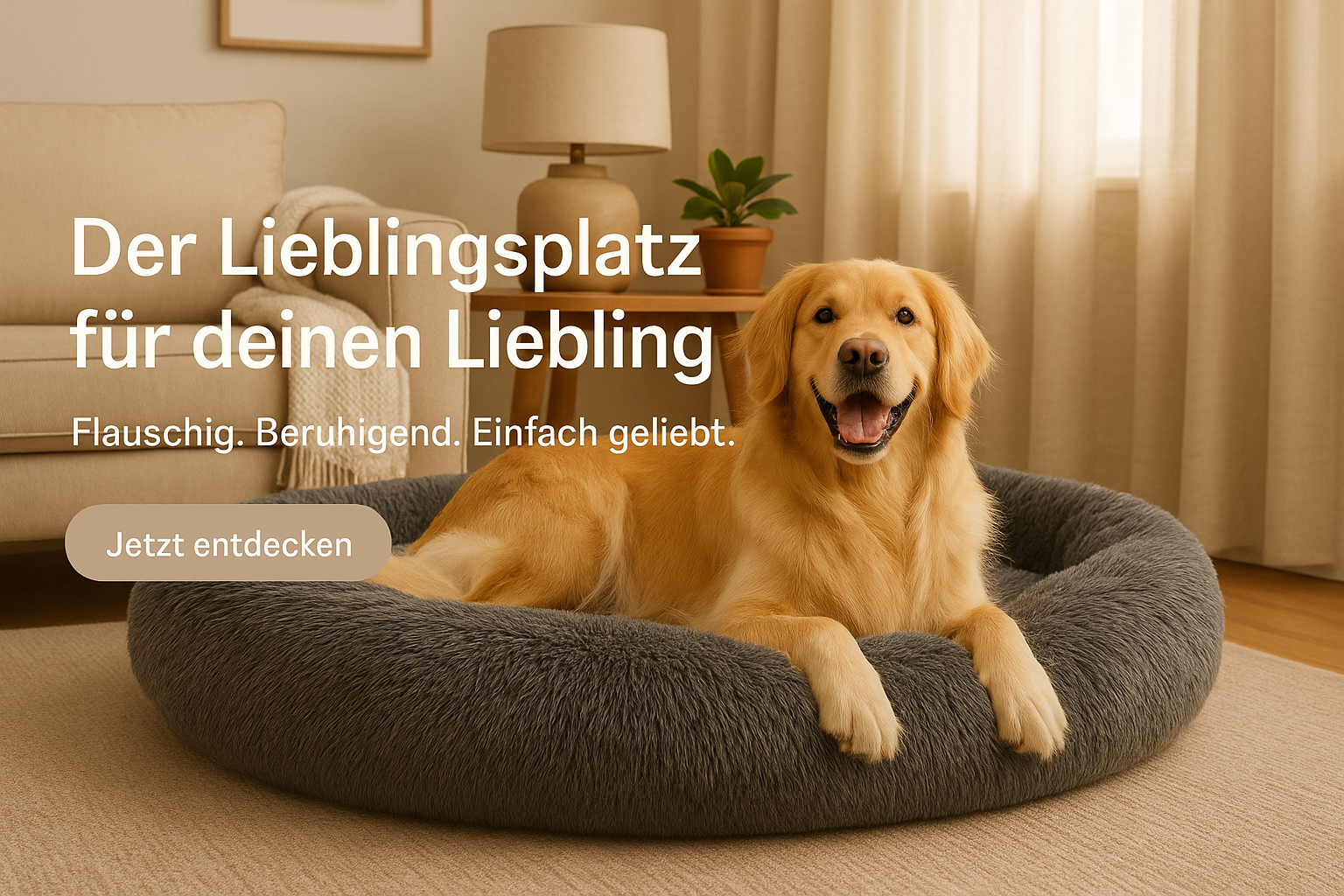 Golden Retriever liegt entspannt auf einem flauschigen, grauen Hundebett in einem gemütlichen Wohnzimmer