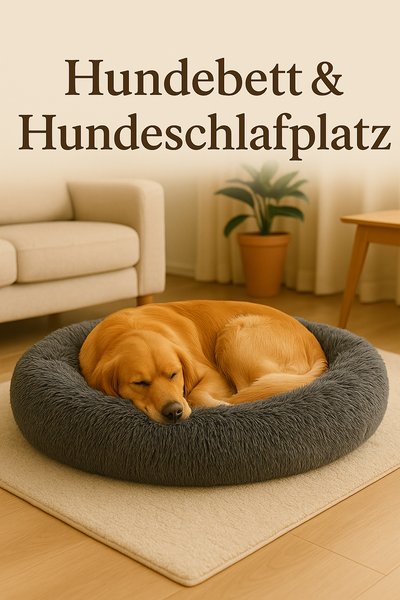 Golden Retriever schläft eingerollt im flauschigen runden Hundebett auf hellem Teppich im Wohnzimmer – komfortabler Schlafplatz für Hunde