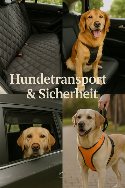Collage mit Hund im Transportbett, in Hundebox, angeschnallt im Auto und mit Besitzerin – sicheres Reisen mit Hund