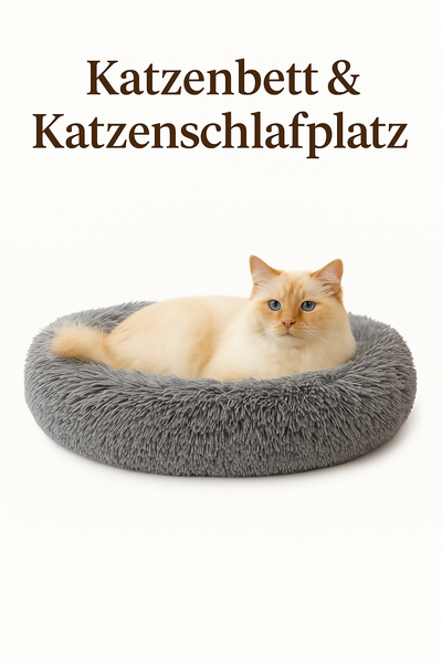 remefarbene Katze liegt wach in flauschigem grauen Katzenbett vor weißem Hintergrund – bequemer Katzenschlafplatz für Zuhause