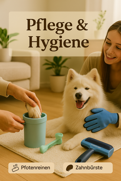 Hund wird mit Pfotenreiniger gereinigt, daneben Zahnbürste, Kauspielzeug und Fellpflege-Handschuh – Pflege & Hygiene für Haustiere im Alltag